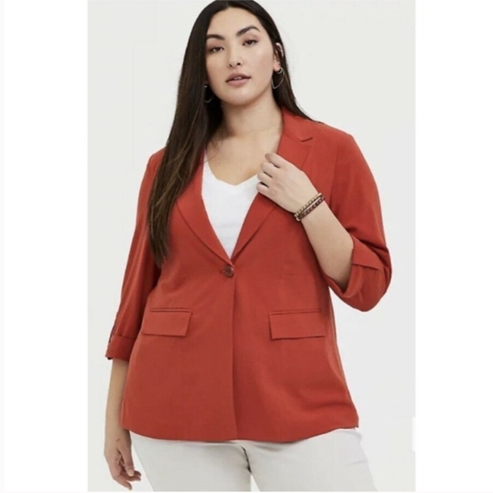 Torrid Single Breasted Boyfriend Crepe Terracotta Blazer Preppy Red